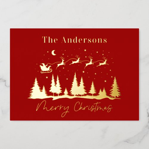 Christmas santa and reindeer sleigh  foil holiday card