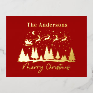 Christmas santa and reindeer sleigh foil holiday postcard