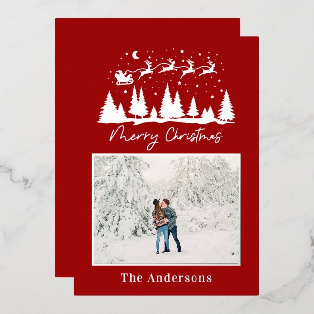 Christmas santa and reindeer sleigh photo foil holiday card (Front/Back)