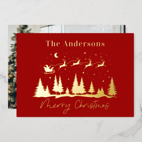 Christmas santa and reindeer sleigh photo foil holiday card