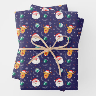 Christmas Santa And Reindeers Blue Gift Wrapping Paper Sheets