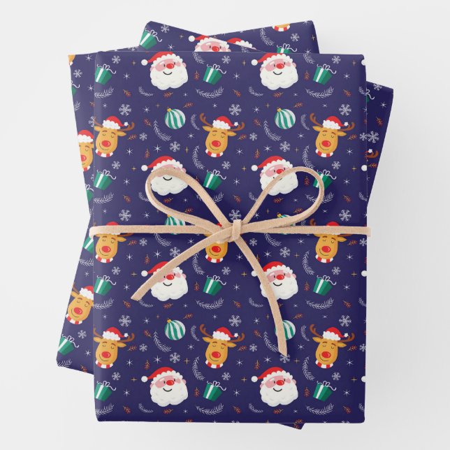 Christmas Santa And Reindeers Blue Gift Wrapping Paper Sheets (In situ)
