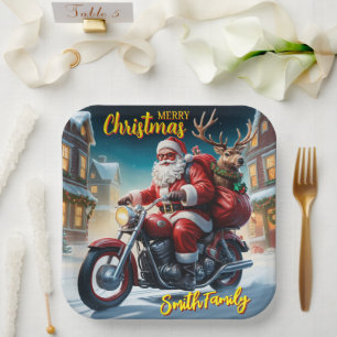 Christmas Santa And Rudolph Reindeer Motorcycle Paper Plates