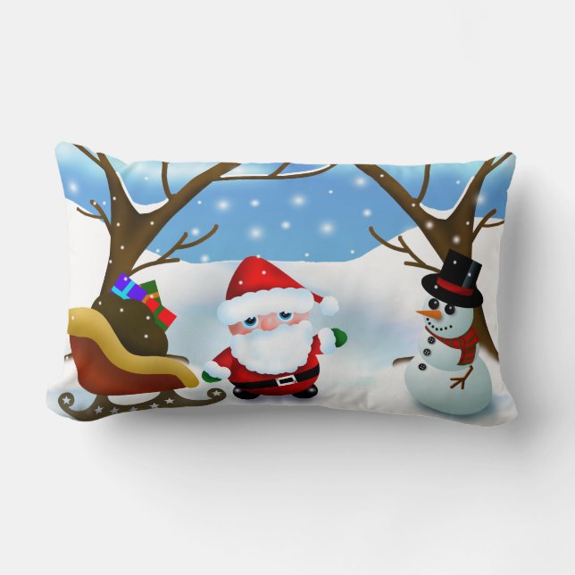 Christmas Santa and Snowman Lumbar Pillow (Front)