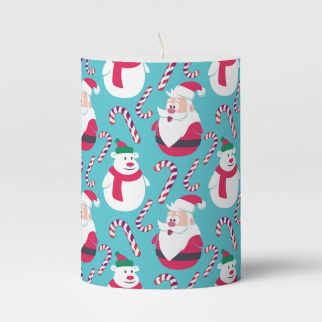 Christmas Santa and Teddy Bear with Candy Cane   Pillar Candle (Front)