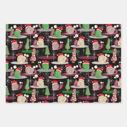 Christmas Santa Atomic Snails _ MidCentury Modern Wrapping Paper Sheets