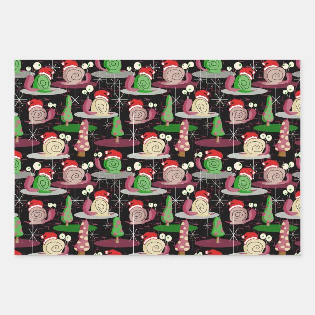 Christmas Santa Atomic Snails - MidCentury Modern Wrapping Paper Sheets (Front)