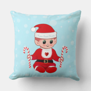 Christmas Santa Baby & Candy Canes on Light Blue Throw Pillow