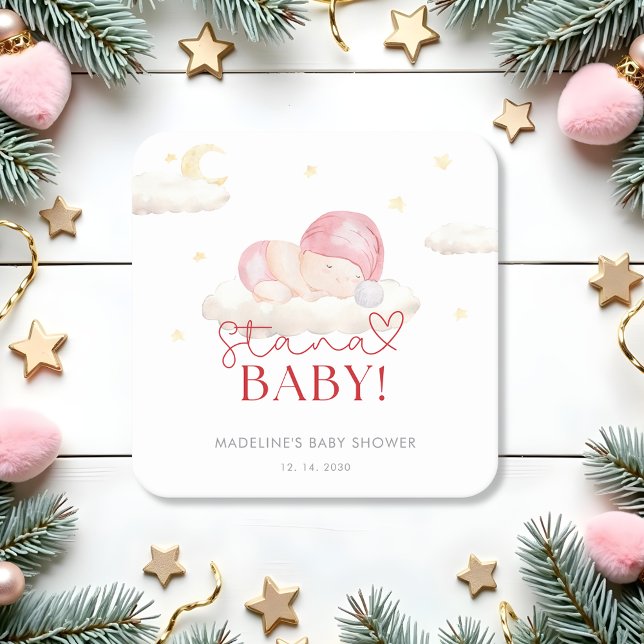 Christmas Santa Baby Girl Shower  Square Paper Coaster (Creator Uploaded)