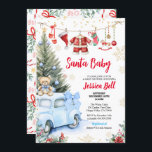 Christmas Santa Baby Shower Boy Blue Retro Car Invitation<br><div class="desc">Cute baby shower invitation in style. 
Theme: Santa Baby.
Occasion: Boy baby shower party.
Style: Cute,  Elegant.
Colors: Blue,  white,  red.
Graphics: Watercolor hanging baby clothes,  Santa Claus Hat,  mitten,  Christmas sock,  rocking horse,  Christmas Tree,  Vintage Car,  snowflakes.</div>