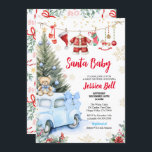 Christmas Santa Baby Shower Boy Blue Retro Car Invitation<br><div class="desc">Cute baby shower invitation in style. 
Theme: Santa Baby.
Occasion: Boy baby shower party.
Style: Cute,  Elegant.
Colors: Blue,  white,  red.
Graphics: Watercolor hanging baby clothes,  Santa Claus Hat,  mitten,  Christmas sock,  rocking horse,  Christmas Tree,  Vintage Car,  snowflakes.</div>