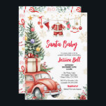 Christmas Santa Baby Shower Red Vintage Retro Car Invitation<br><div class="desc">Cute baby shower invitation in style. 
Theme: Santa Baby.
Occasion: Baby shower party.
Style: Cute,  Elegant.
Colors: Red,  White,  Gold.
Graphics: Watercolor hanging baby clothes,  Santa Claus Hat,  mitten,  Christmas sock,  rocking horse,  Christmas Tree,  Vintage Car,  snowflakes.</div>
