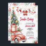 Christmas Santa Baby Shower Red Vintage Retro Car Invitation<br><div class="desc">Cute baby shower invitation in style. 
Theme: Santa Baby.
Occasion: Baby shower party.
Style: Cute,  Elegant.
Colors: Red,  White,  Gold.
Graphics: Watercolor hanging baby clothes,  Santa Claus Hat,  mitten,  Christmas sock,  rocking horse,  Christmas Tree,  Vintage Car,  snowflakes.</div>