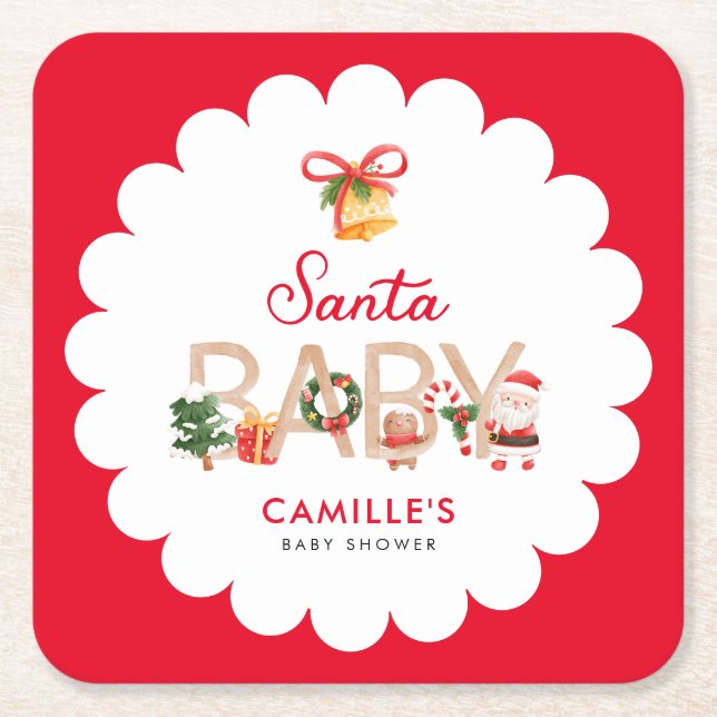 Christmas Santa Baby Shower Square Paper Coaster (Front)