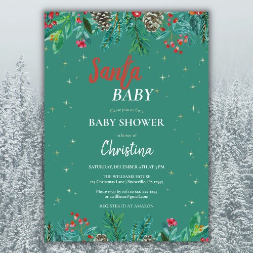 Christmas Santa Baby Shower Watercolor Green Invitation