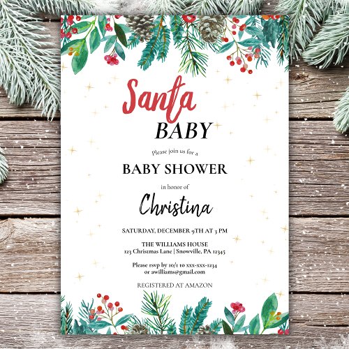 Christmas Santa Baby Shower Watercolor Invitation