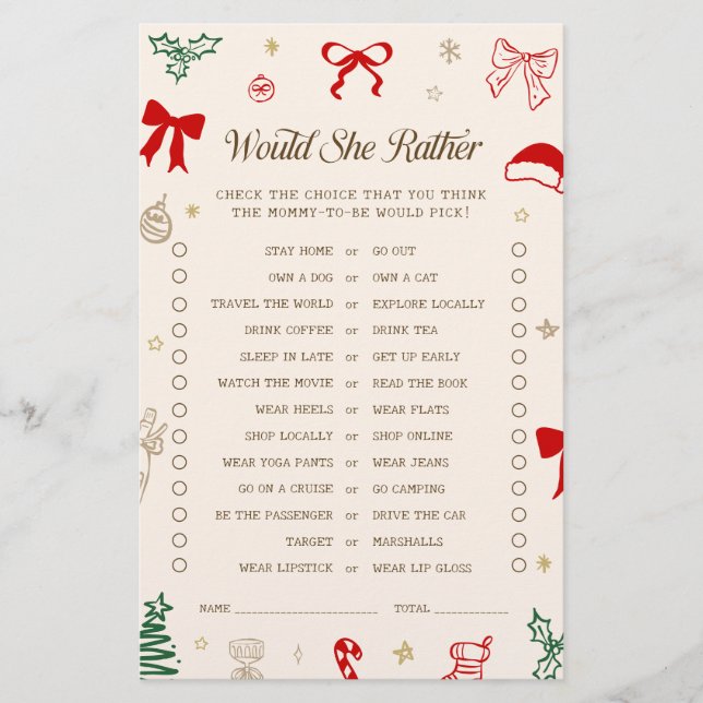 Christmas Santa Baby Shower Would She Rather Game (Front)