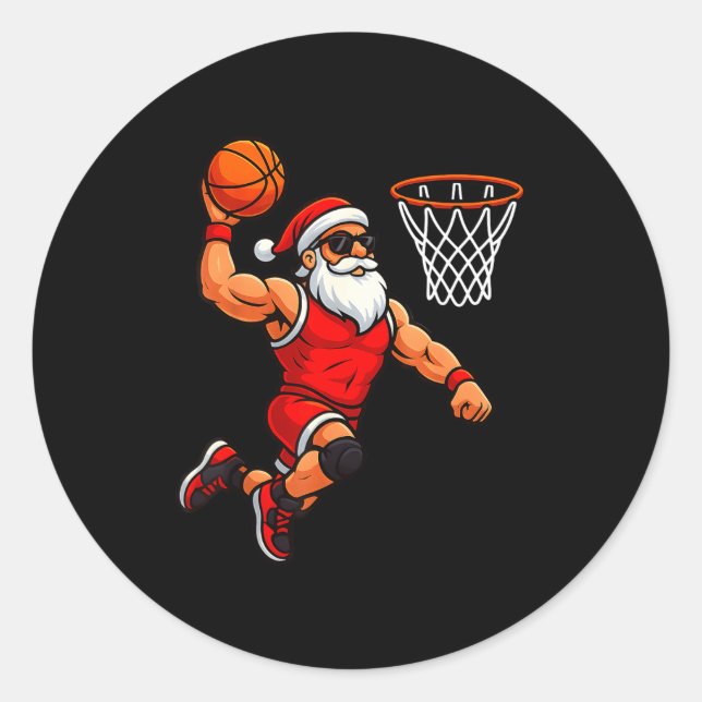 Christmas Santa Basketball Player Dunking Basketba Classic Round Sticker (Front)