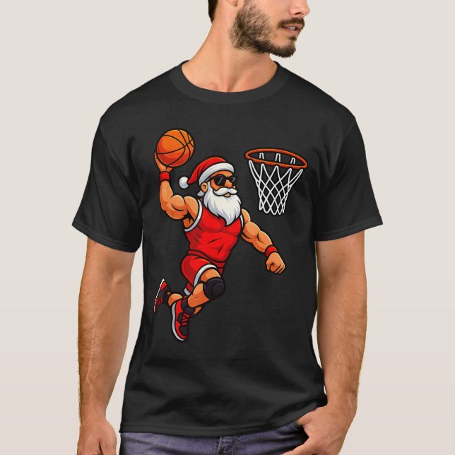Christmas Santa Basketball Player Dunking Basketba T-Shirt (Front)