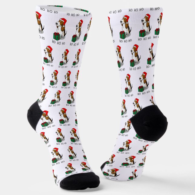 Christmas Santa Basset Hound (tri color 1) Cute Socks (Angled)