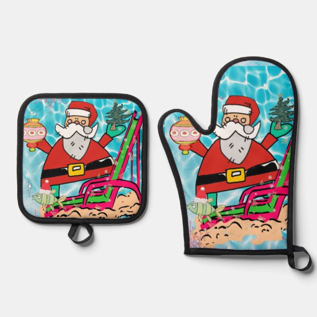 Christmas Santa Beach Bum Oven Mitt & Pot Holders  Holder Set (Front)