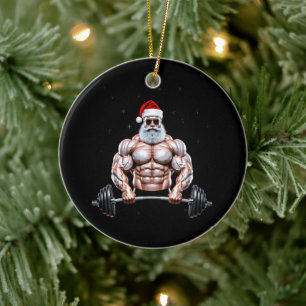Christmas Santa Bodybuilder Weightlifting Gym Ceramic Ornament