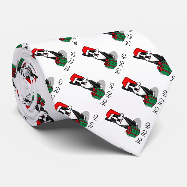 Christmas Santa Boston Terrier (black) Cute Neck Tie (Rolled)