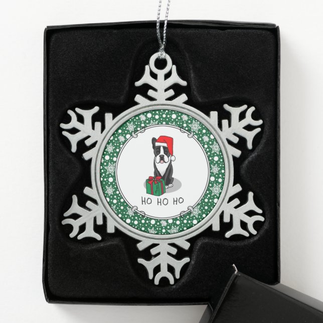 Christmas Santa Boston Terrier (black) Cute Snowflake Pewter Christmas Ornament (Box)
