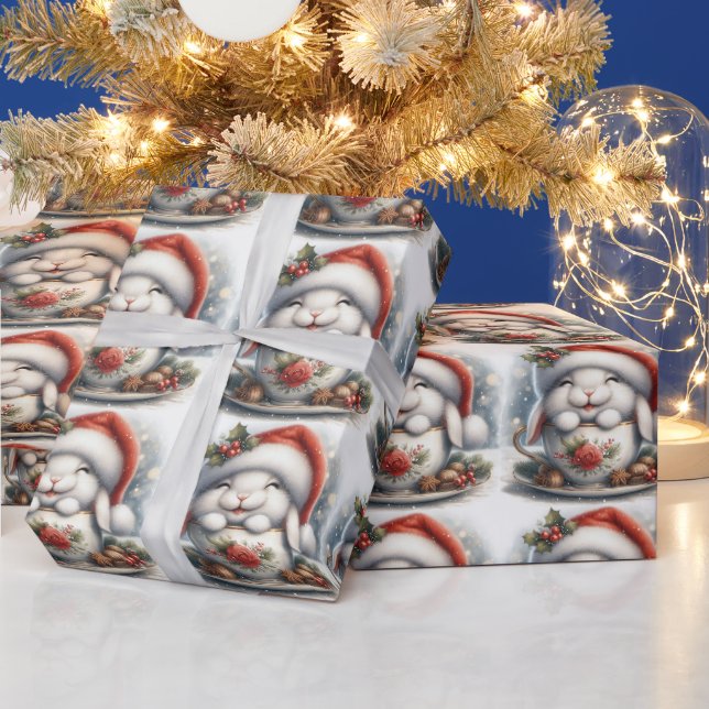 Christmas Santa Bunny Inside the Teacup  Wrapping Paper (Holidays)