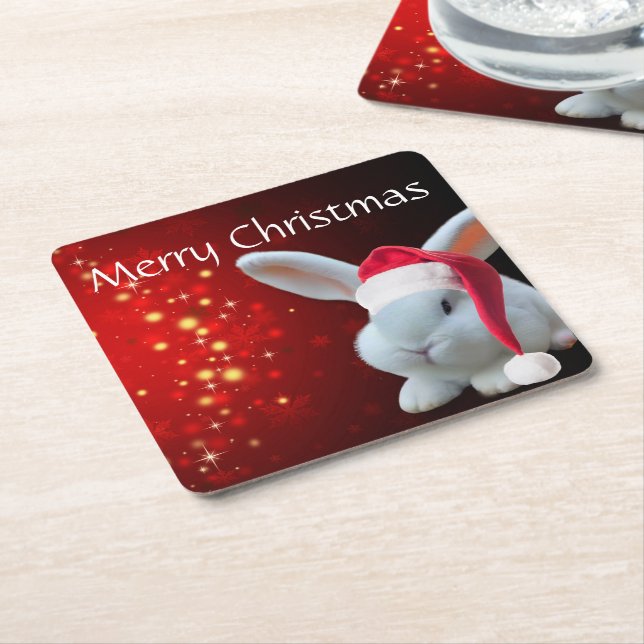 Christmas Santa Bunny Square Paper Coaster (Angled)