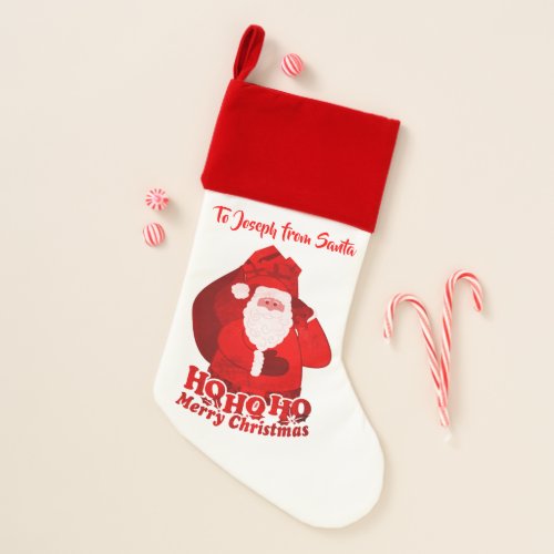 Christmas Santa carrying gifts red name stocking