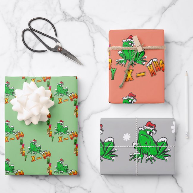 Christmas Santa Cartoon Frog Wrapping Paper Sheets