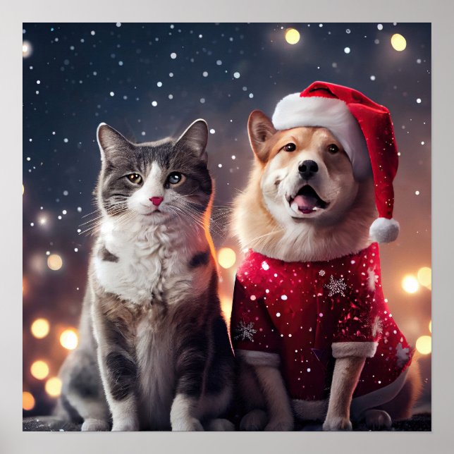 Christmas Santa Cat & Dog Friends Poster (Front)