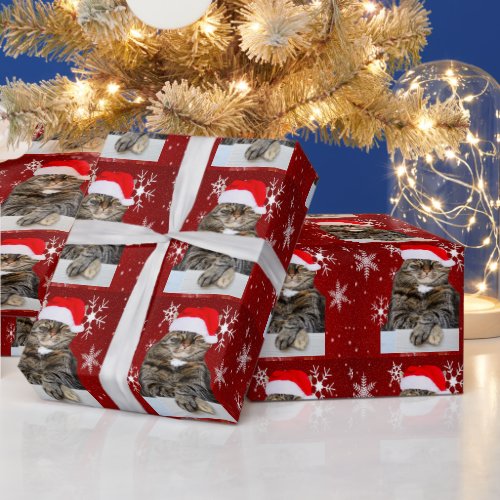 Christmas Santa Cat Humbug Photo Red Snowflake Wrapping Paper