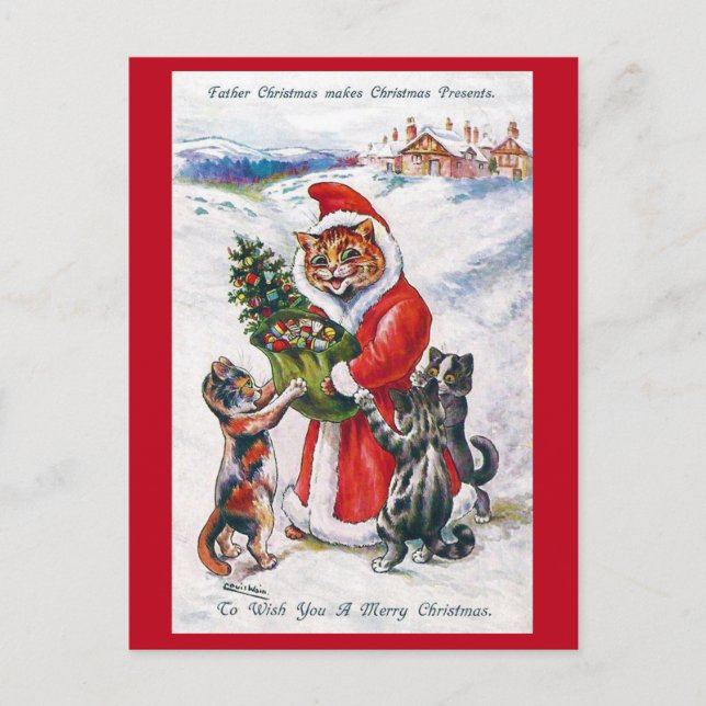 Christmas Santa Cat, Louis Wain Postcard (Front)