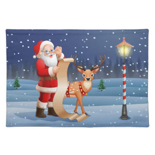 Christmas Santa Claus And Reindeer Cloth Placemat