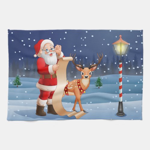 Christmas Santa Claus And Reindeer Kitchen Towel