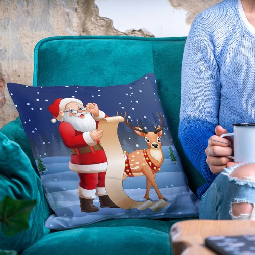 Christmas Santa Claus And Reindeer Throw Pillow