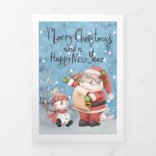 Christmas Santa Claus And Snowman Personalized Tri_Fold Holiday Card