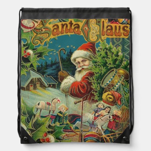 Christmas Santa Claus Antique Art Drawstring Bag