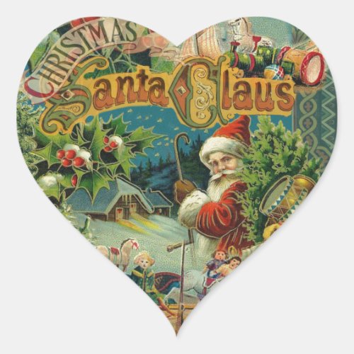 Christmas Santa Claus Antique Art Heart Sticker