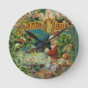 Christmas Santa Claus Antique Art Round Clock