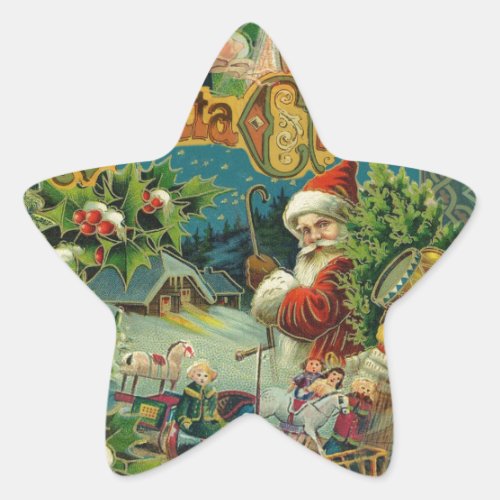 Christmas Santa Claus Antique Art Star Sticker