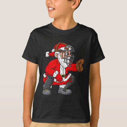 Christmas Santa Claus Baseball Catcher Boys Girls  T_Shirt
