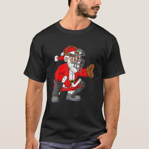 Christmas Santa Claus Baseball Catcher Boys Xmas T_Shirt