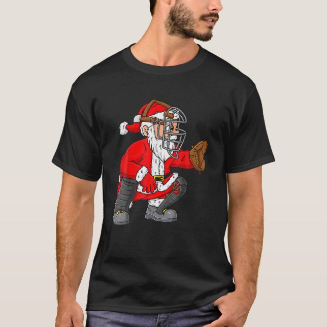 Christmas Santa Claus Baseball Catcher Boys Xmas T-Shirt (Front)