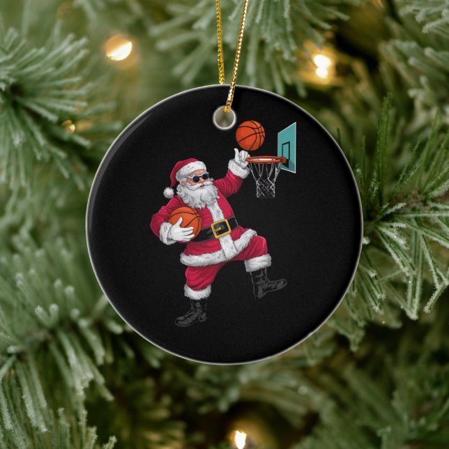 Christmas Santa Claus Dunking A Basketball Xmas Ceramic Ornament (Tree)