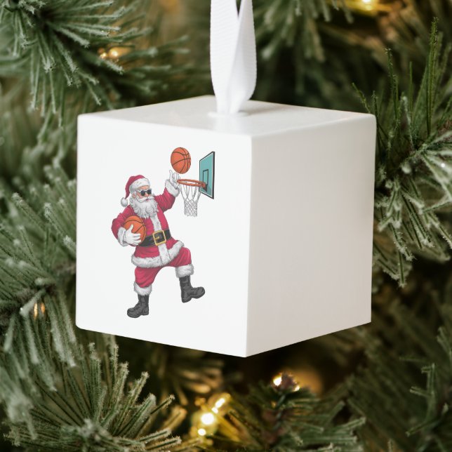 Christmas Santa Claus Dunking A Basketball Xmas Cube Ornament (Tree)
