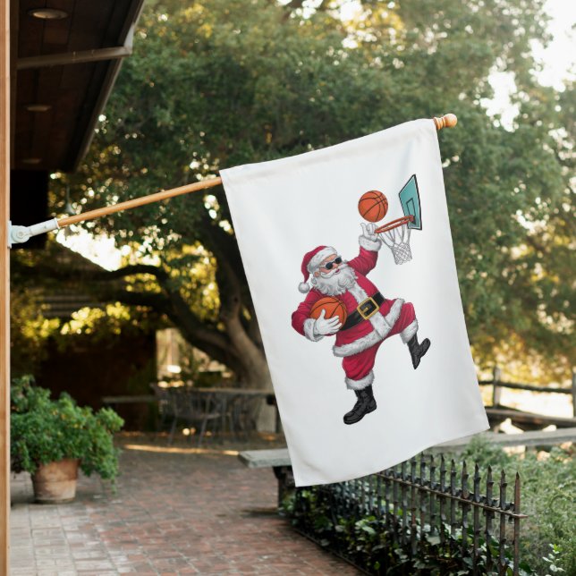 Christmas Santa Claus Dunking A Basketball Xmas House Flag (In SItu)
