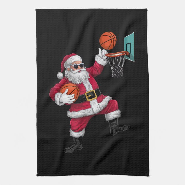 Christmas Santa Claus Dunking A Basketball Xmas Kitchen Towel (Vertical)